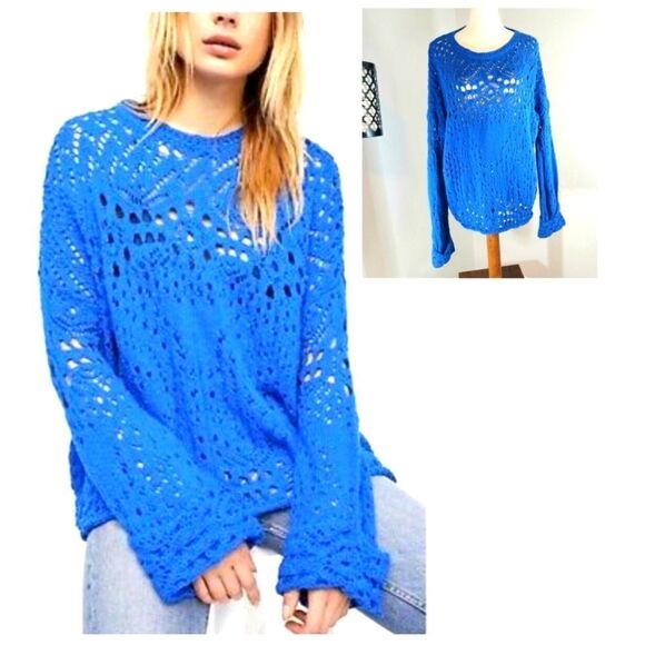 Free People Traveling Lace Cotton Blue Sweater Size M - Picture 1 of 11